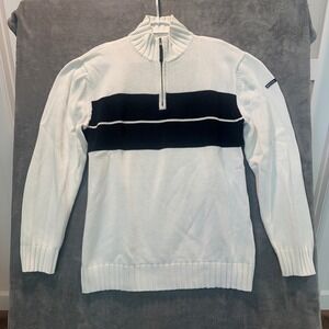 Nautica Sweater Mens XL White Navy Blue Striped Quarter Zip Cotton Pullover